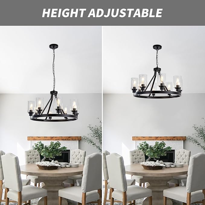8-Light Black Dining Room Light Fixtures Farmhouse Wagon Wheel Chandelier Kitchen Island Pendant Lights Modern Industrial Rustic Adjustable Height Metal E26