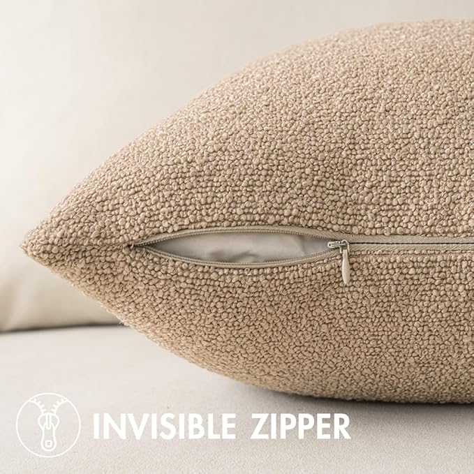 MIULEE 24x24 Decorative Euro Sham Throw Pillows for Bed Set of 2 Textured Boucle Neutral Winter Throw Pillow Covers Khaki Accent Solid Couch Pillowcases Sofa Livingroom Home Decor