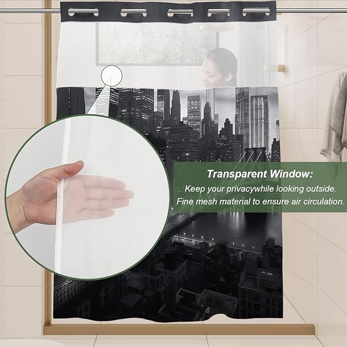 Manhattan Brooklyn Bridge New York Building Night Scenery Shower Curtain with Snap in Fabric Liner Set, Detachable Liner, See Through Mesh Top Window, Waterproof Washable 72" W x 74" H