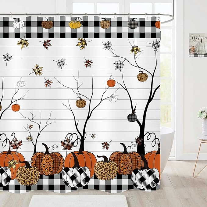 Fall Plaid Pumpkin Shower Curtain Farmhouse Buffalo Plaid Autumn Maple Leaves Thanksgiving Bathroom Curtains Waterproof Polyester Fabric Bath Curtain 72 x 72 Inch with 12 Hooks
