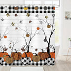 Fall Plaid Pumpkin Shower Curtain Farmhouse Buffalo Plaid Autumn Maple Leaves Thanksgiving Bathroom Curtains Waterproof Polyester Fabric Bath Curtain 72 x 72 Inch with 12 Hooks