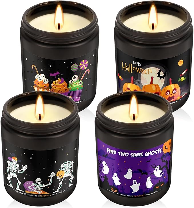 4 Pack Black Halloween Scented Candles -7oz Soy Wax Candles with Essential Oils (Rosemary, Vanilla, Gardenia, Lavender) -for Halloween, Christmas, Home Decor
