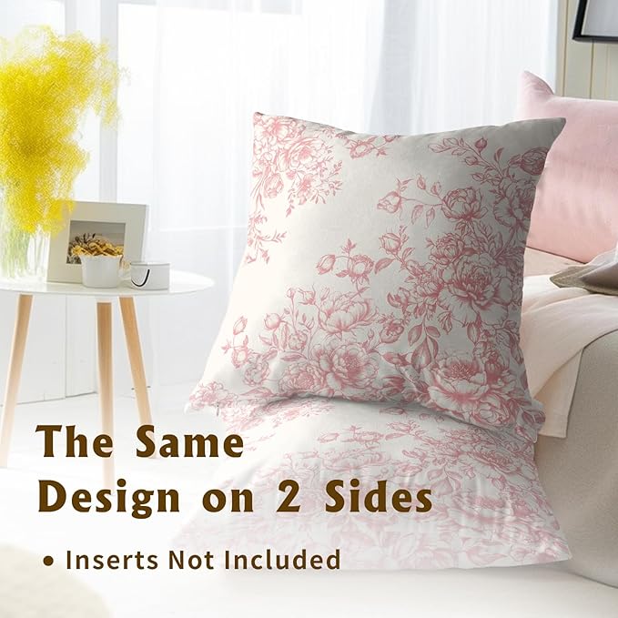Vintage Flowers Throw Pillow Covers 20x20 Inch, Set of 2 Chinoiserie Pink Floral Decorative Pillowcases Double Sides Square Cushion Cover for Couch Sofa Bed Farmhouse Home Decor