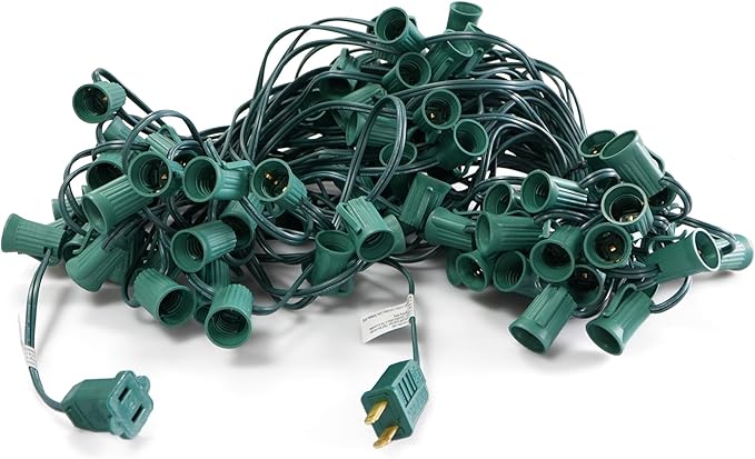 LUCKY TL 100 FT C9/E17 Christmas Light Sockets Set Spool, Green SPT-1 Wire, 12 Inch Spacing, C9 Outdoor String Lights, UL Listed