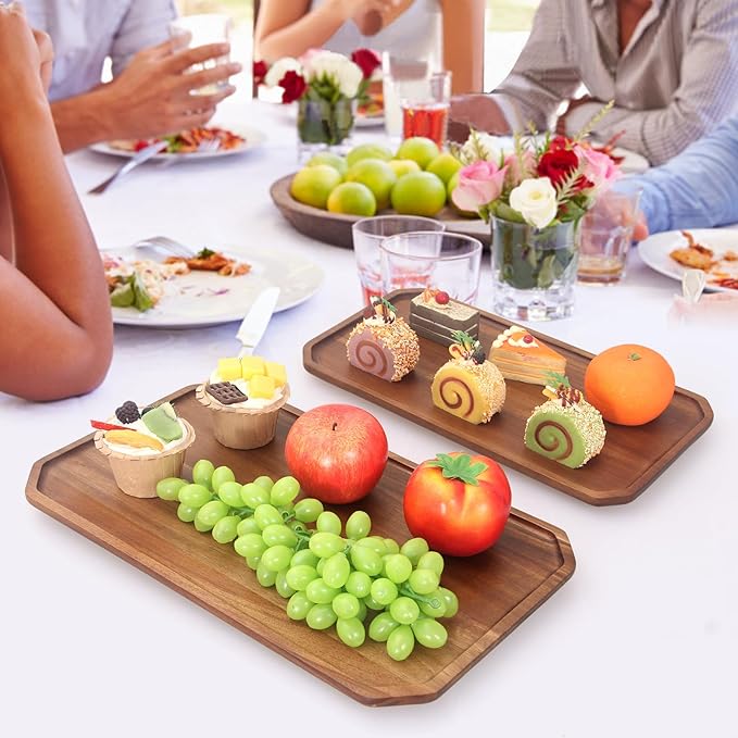 2 Pcs Large Wooden Serving Trays Fruit Platters Acacia Wood Charcuterie Boards for Food Tray Cheese Serving Board Rectangular Plates Meat Charcuterie Platter Decorative Vegetable Tray