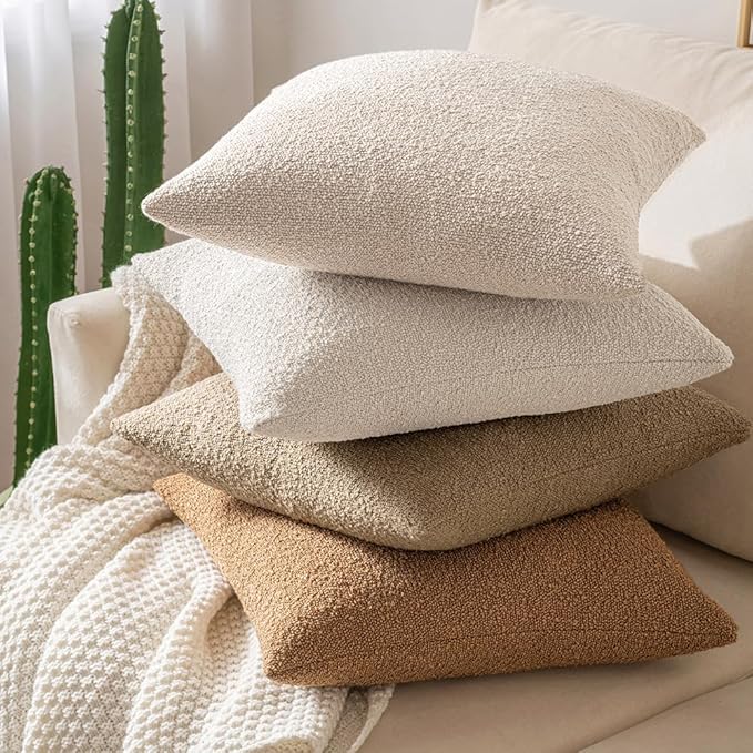 MIULEE 22x22 Inch Decorative Euro Sham Throw Pillows for Bed Set of 2 Textured Boucle Neutral Winter Throw Pillow Covers Oatmeal Accent Solid Euro Couch Pillowcases Sofa Livingroom Home Decor