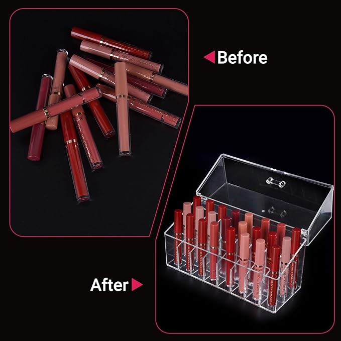 Acrylic Lip Gloss Organizer & Beauty Makeup Holder for Drawer, Cosmetics Pallets Countertop Clear Storage, 24 Space Organization Container Storage for Tall Lip Gloss, Clear