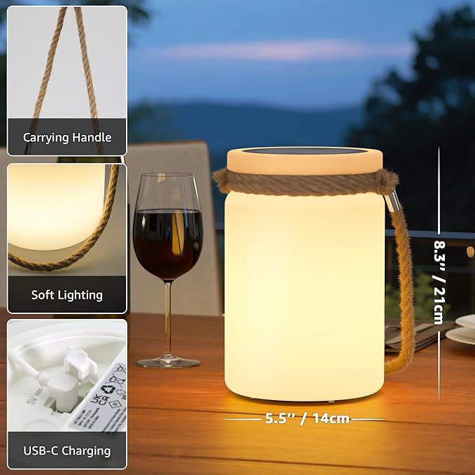 uuffoo Solar Table Lamp Lantern LED Outdoor Cordless IP44 RGB and Warm White Dimmable for Patio Camping Restaurant Terrace (White 2 Pack)