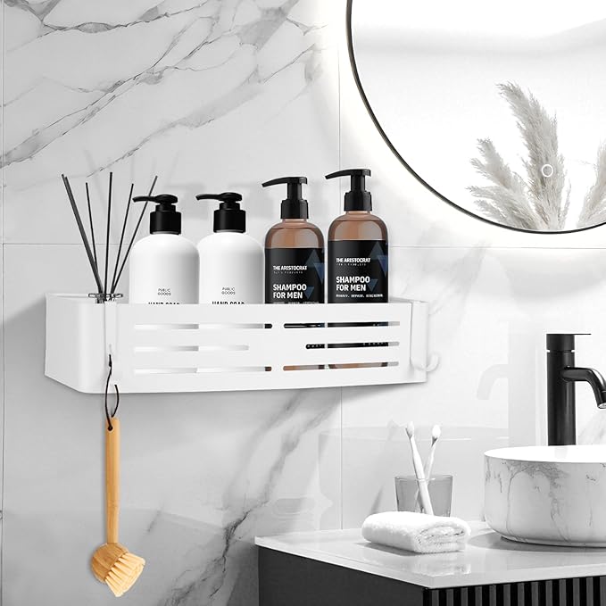 Shower Caddy Shelf Rack, Self Adhesive Shower Shelves with Hooks, Rustproof Bathroom Organizers and Storage, Home Decor Accessories (Rectangle-White)