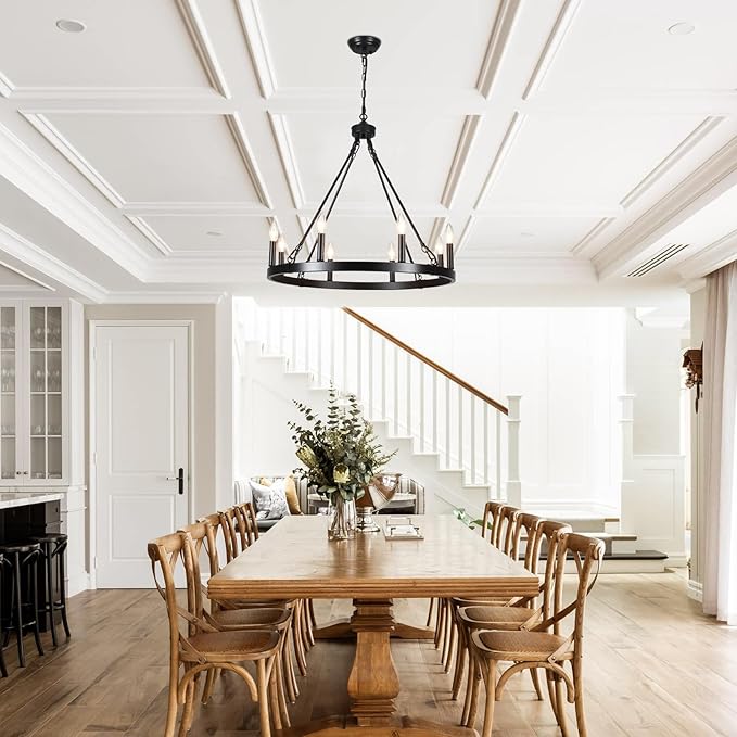 Black Wagon Wheel Chandelier Diam 26 inch 8 Light Black Farmhouse Chandeliers for Dining Room Rustic Round Pendant Light Fixtures for Living Room Kitchen Island Foyer Entryway