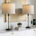 Oneach 24" Glass Table Lamps Set of 2, Black Modern Table Lamps with USB Ports for Living Room, Linen Shade Bedside Lamps for Bedroom, Nightstand, Side Table (Bulbs not Included)