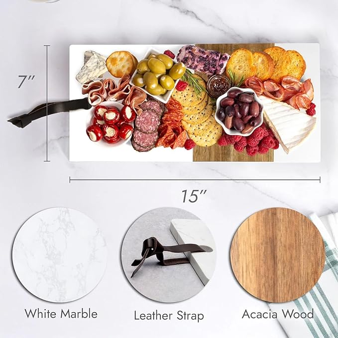 Personalized Acacia Charcuterie Board | Custom 15" x 7" White Marble & Acacia Wood Cheese Board | Perfect Housewarming + Wedding + Couples Gift Idea