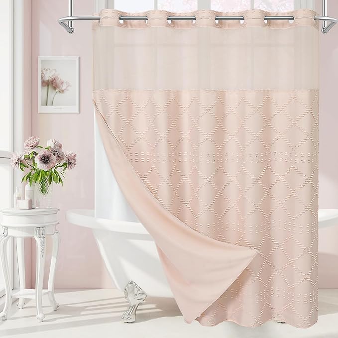 No Hooks Boho Light Pink Woven Fabric Shower Curtain 72 x 80 Modern Farmhouse, Tufted Chevron Striped Shabby Chic Textured, Minimalist Hookless Shower Curtains for Bathroom, Hotel Decor
