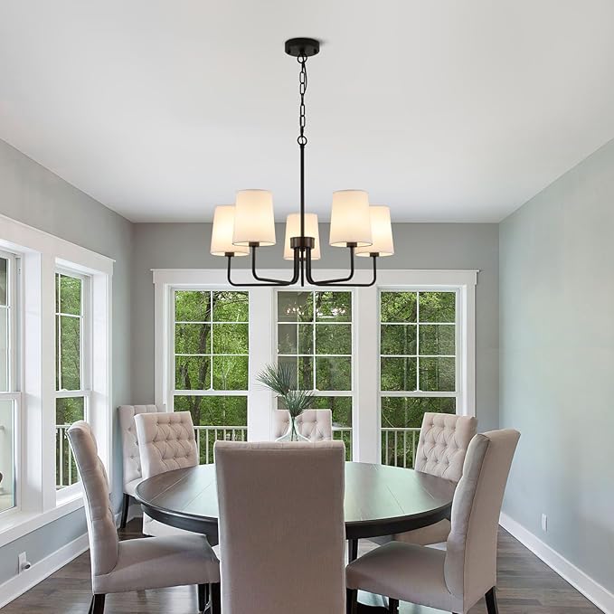 AMZASA Farmhouse Chandelier, Matte Black with White Fabric Shade, Farmhouse Linear Island Lighting Fixture for Kitchen, Dining Room (5-Light Matte Black with Fabric Shades)