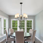 AMZASA Farmhouse Chandelier, Matte Black with White Fabric Shade, Farmhouse Linear Island Lighting Fixture for Kitchen, Dining Room (5-Light Matte Black with Fabric Shades)