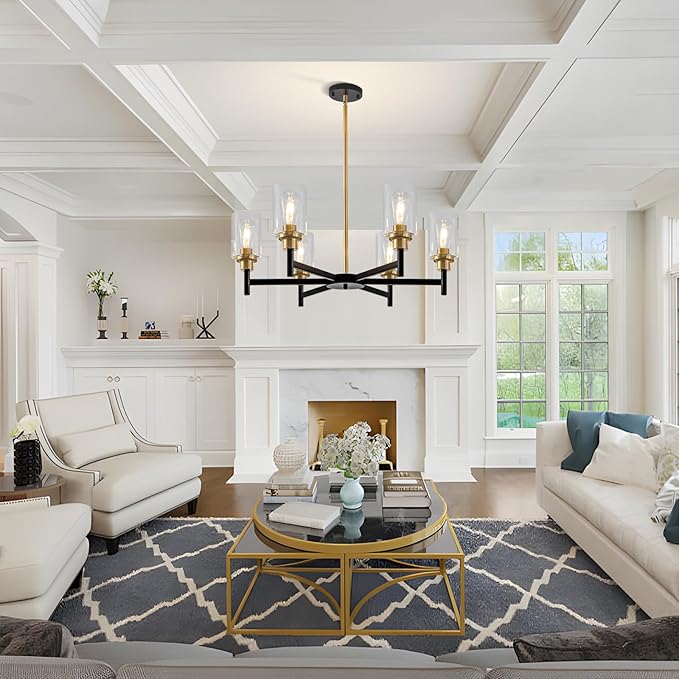 6 Light Dining Room Light Fixture Black & Brushed Brass Gold Farmhouse Chandelier Over Table Modern Hanging Pendant Lighting for Living Room Foyer Kitchen Adjustable Height E26 Socket