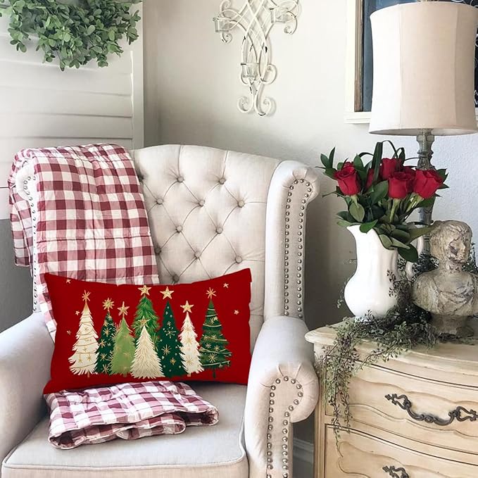 RABUSOFA Christmas Tree Pillow Covers 12x20 Inch,Watercolor Christmas Decorations Pillows Decorative Throw Pillows Stars Xmas Lumbar Cushion Case for Home Decor Couch Winter Holiday(4-Red)