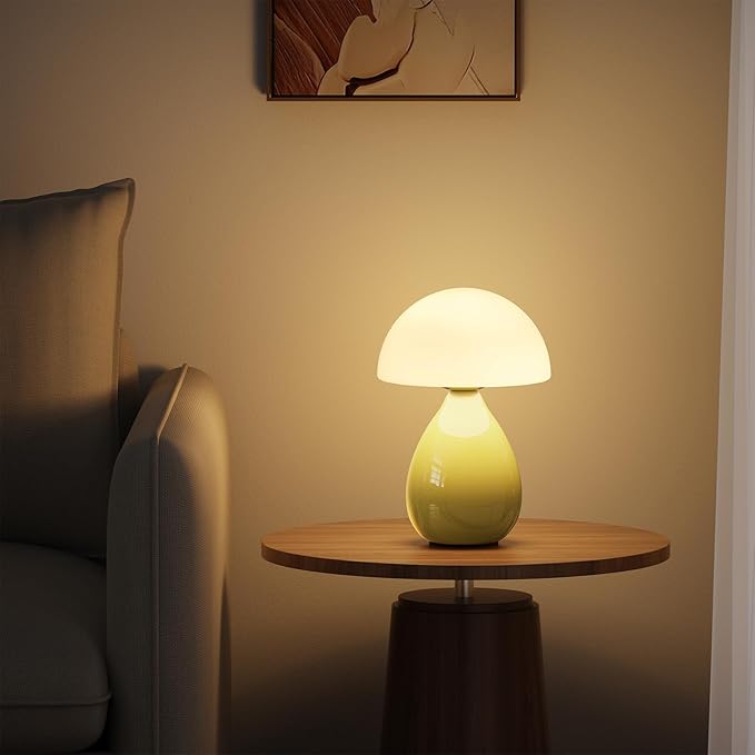 Mushroom Lamp Bedside, Mini Modern Lamp Small Vintage Table Nightstand Light, Small Light Dimmable for Bedroom, Living Room, Ceramic Base Glass Led Home Decor for Woman Children Gift