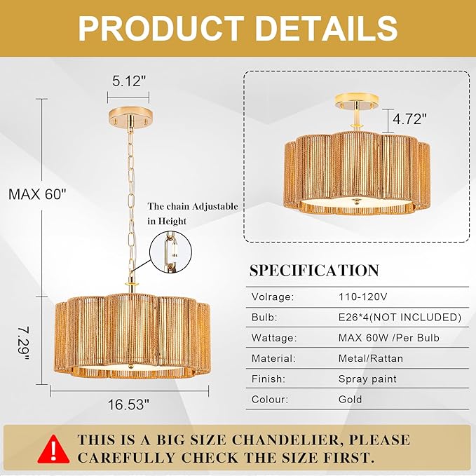 Plum Linear Weave Rattan Ceiling Light & Chandelier (16.5'' 4-Light) Flush Mount Flush E26 & 3D Woven Fireproof PC Panels for Scandinavian Dining Rooms & Modern Farmhouse Kitchen Islands