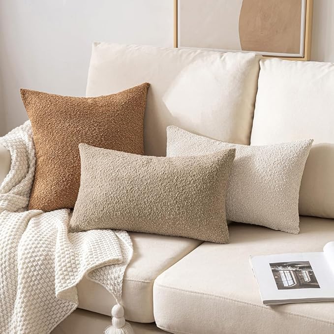 MIULEE Textured Boucle Throw Pillow Cover White Accent Solid Lumbar Christmas Pillow Case Decorative Soft Pack of 1 Couch Cushion Chair Sofa Bedroom Livingroom Home Decor,12x20 Inch