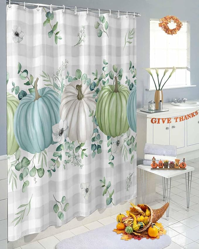 Fall Thanksgiving Shower Curtain, Autumn Pumpkins Eucalyptus Leaves Shower Curtains Set with Hooks, White Blue Green Gray Plaid Waterproof Fabric Bathroom Curtains Decor Accessories,72X 96 Extra Long