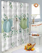 Fall Thanksgiving Shower Curtain, Autumn Pumpkins Eucalyptus Leaves Shower Curtains Set with Hooks, White Blue Green Gray Plaid Waterproof Fabric Bathroom Curtains Decor Accessories,72 X 78 Inch Long