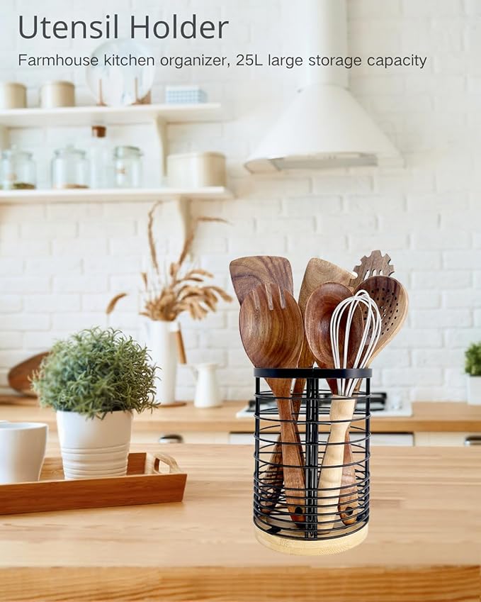 Utensil Holder with Removable Dividers, 7.2'' Large Capacity Kitchen Utensil Holder with Bamboo Base & Iron Mesh, Anti-Tip Design, 4 Partitions Utensils Holder Counter, Matte Black