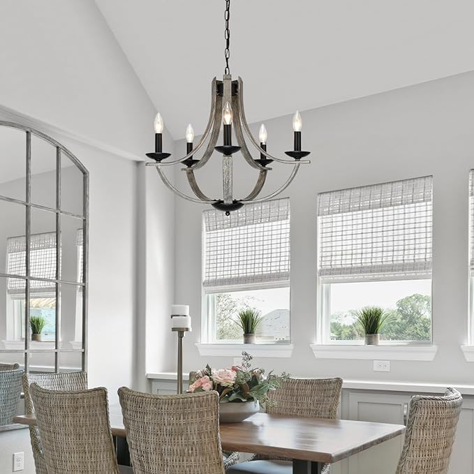Rustic Chandeliers for Dining Room Light Fixture, 5-Light 24 inch Faux Wood Texture Hanging Lighting Fixtures,Farmhouse Candle Chandeliers for Living Room Kitchen Island Foyer Entryway