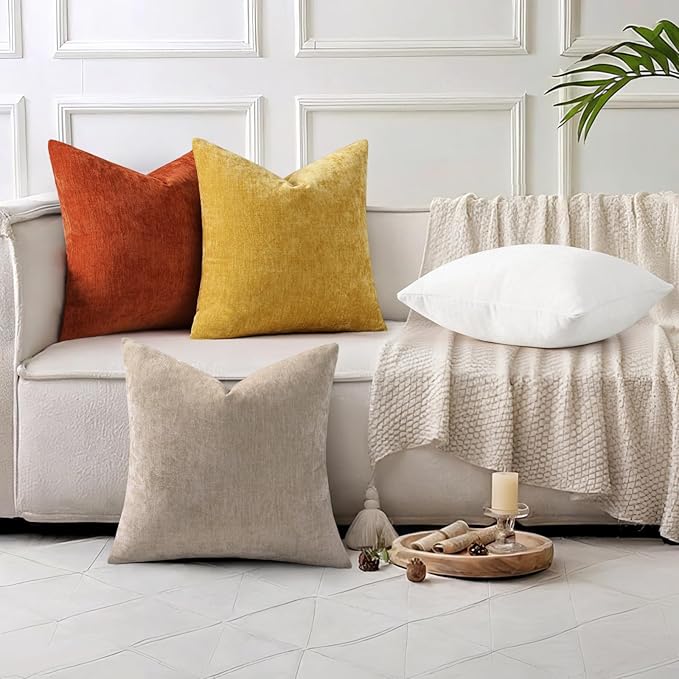 decorUhome Chenille Mineral Yellow Throw Pillow Covers 24x24 Inch Set of 2, Decorative Soft Couch Pillow Covers Solid Dyed Accent Velvet Farmhouse Neutral Square Pillow Cases for Sofa Bed Living Room