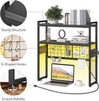 HOOBRO Desktop Bookcase, 2-Tier Office Desktop Organizer, 29.9" Wooden Storage Rack with Outlets, Display Shelf Rack with Light Strip, Desk Hutch for Office, Black BB11UDSJ01