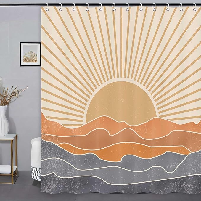 Boho Shower Curtains for Bathroom Abstract Sun Mountain Mid Century Minimalist Bathroom Shower Curtains Set Waterproof Polyester Fabric Rustic Vintage Decorative 72x72 Inch