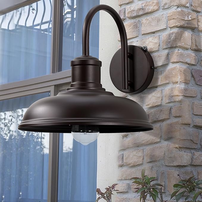 12'' Dusk to Dawn Outdoor Gooseneck Barn Light, 2-Pack Farmhouse Exterior Wall Mount Light Fixture - Industrial Brown for Porch, Entryway, Garage