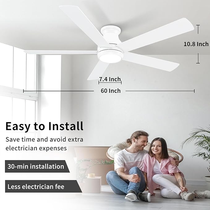 60 Inch White Ceiling Fans with Lights and Remote, LED Low Profile Flush Mount Ceiling Fan for Bedroom, Living Room, Quiet DC Motor, Dimmable 6 Speeds
