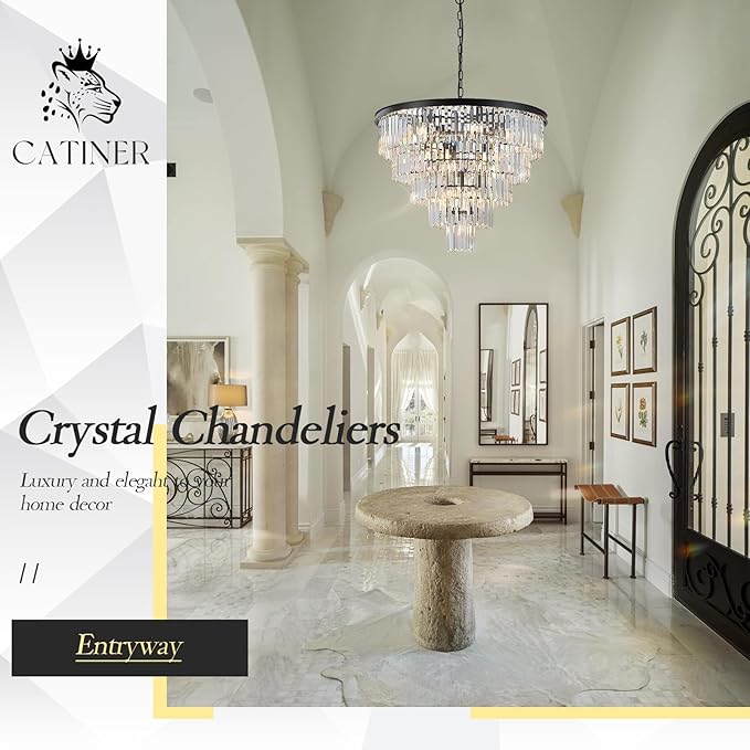 Large Black Crystal Chandeliers 30” Modern Chandelier for High Ceiling Foyer 5 Tiers 16 Lights Contemporary K9 Ceiling Pendant Light Fixture for Staircase Dining Room Bedroom