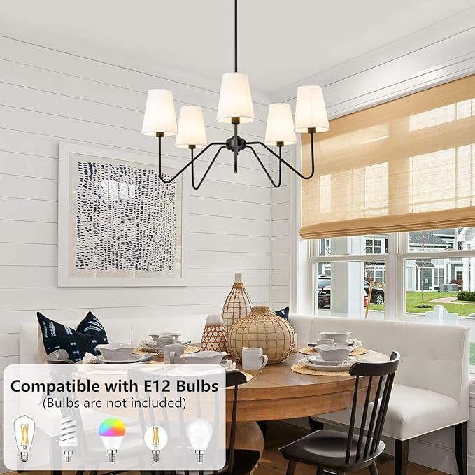 5 Light Modern Chandelier with White Shades, Elegant Pendant Light Fixture with Black Chandelier for Living Room, Dining Room, Bedroom, Hallway, Entryway, Height Adjustable