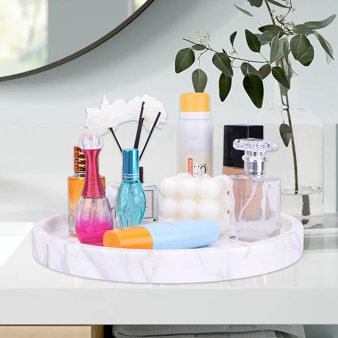 WORHE Natural Marble Decorative Tray for Bathroom Bedroom Kitchen Dresser, Large 10.6" Round Vanity Trays for Jewelry, Perfume, Cosmetic, Candle, Countertop Storage Organizer for Home Decor (WH037)
