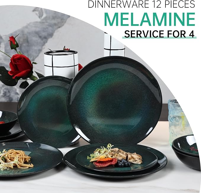 Melamine Dinnerware Set, 12pcs Plates and Bowls Set, Green Dinner Dishes Set for Indoor and Outdoor, BPA-Free, Dishwasher Safe（Green）