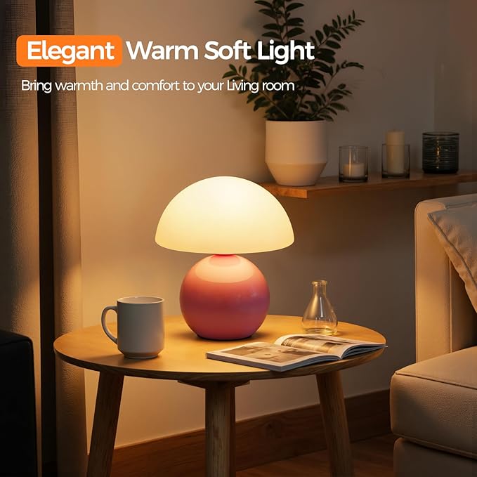 NIORSUN Mushroom Lamp Table Lamp for Bedroom, Portables Cordless Table Lamp,Wireless lamp,Small Bedside Table Touch Lamps for Living Room,Mini Mushroom 5200mAh Battery Operated Lamp Modern Pink