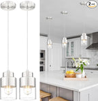 2-Pack Pendant Lights Kitchen Island, Brushed Nickel Dual Shade Hanging Lights Fixtures with Metal and Clear Glass, Kitchen Pendant Lighting Over Island for Dining Room, AD-24022-1P2-SN