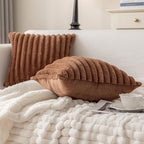 MOSAYT Faux Fur Throw Pillow Covers 18x18, Set of 2, Plush Velvet Soft Pillow Case,Fluffy Striped Decorative Couch Pillow Covers for Sofa, Bedroom, Living Room(Brown)