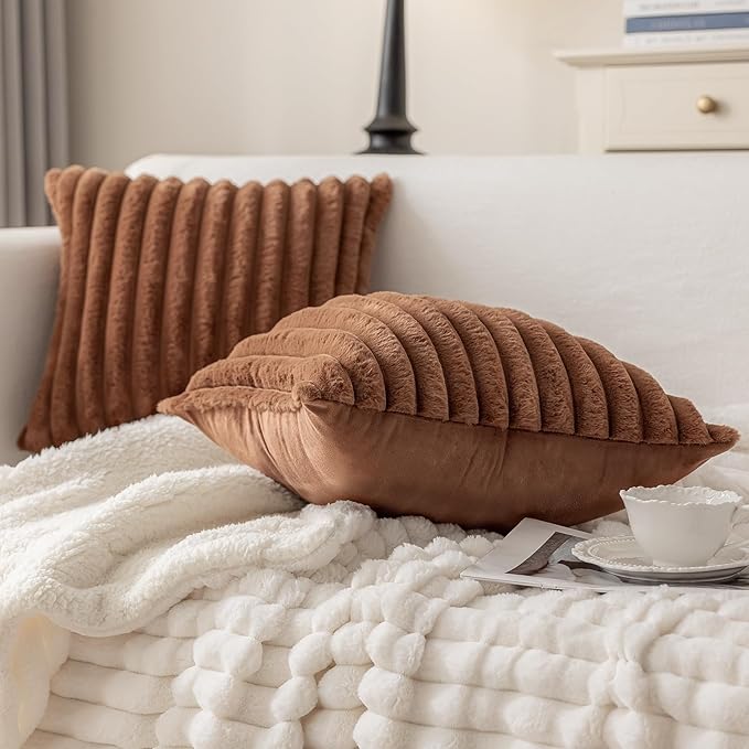 MOSAYT Faux Fur Throw Pillow Covers 16x16, Set of 2, Plush Velvet Soft Pillow Case,Fluffy Striped Decorative Couch Pillow Covers for Sofa, Bedroom, Living Room(Brown)