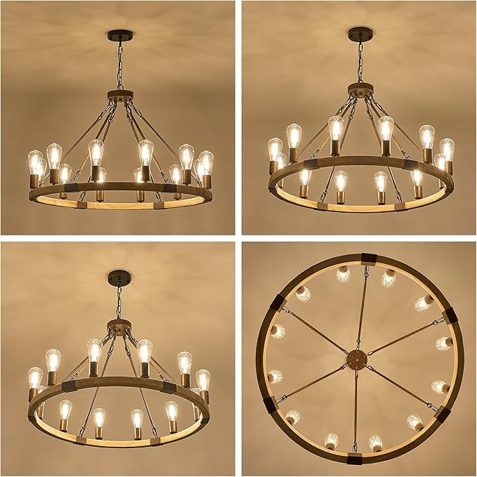 Farmhouse Wagon Wheel Chandelier 31" Wooden Rustic Light Fixtures 12-Light Wood Round Chandelier for Dining Room Living Room Entryway Foyer