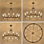 Farmhouse Wagon Wheel Chandelier 31" Wooden Rustic Light Fixtures 12-Light Wood Round Chandelier for Dining Room Living Room Entryway Foyer