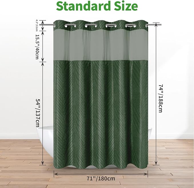 No Hook Shower Curtain and Liner Set,No Hook Tufted Striped Textured Shower Curtain with Snap in Liner Replacement and Waterproof Fabric,Boho Style with See Through Top Window,DarkGreen,71Wx74H
