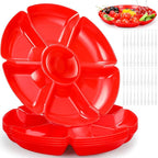 Zhehao 6 Pcs Plastic Divided Serving Trays with 60 Pcs Disposable Fork, 7 Compartments Round Chip Dip Plate, Petal Shape Platter, 10.6'' Snacks Serving Dish for Party Candy Nuts Fruits (Red)