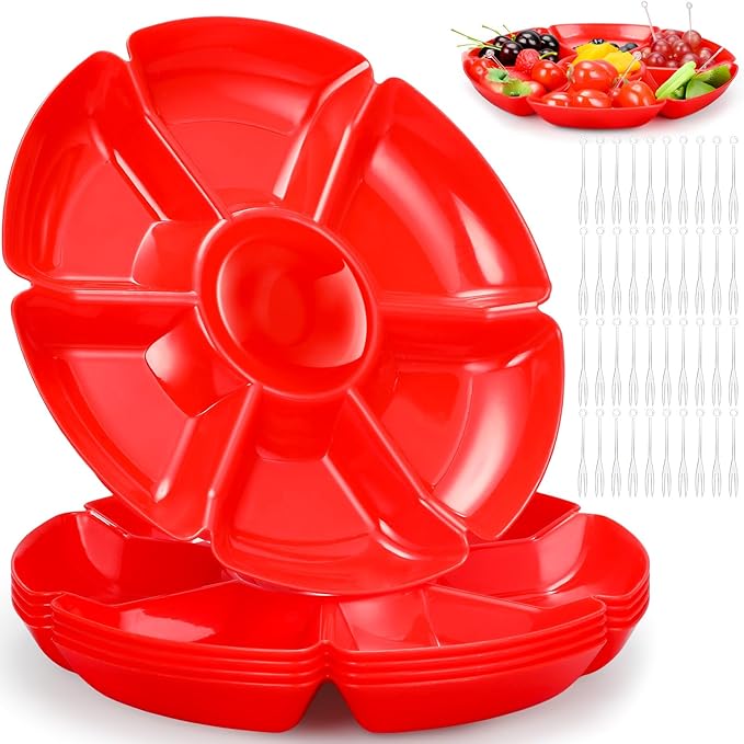 Zhehao 6 Pcs Plastic Divided Serving Trays with 60 Pcs Disposable Fork, 7 Compartments Round Chip Dip Plate, Petal Shape Platter, 10.6'' Snacks Serving Dish for Party Candy Nuts Fruits (Red)