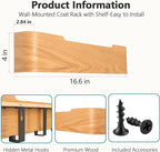 Coat Rack Wall Mount with Hidden Hooks Entryway Hanging Shelf Modern Wood Coat Hanger for Bedroom Kitchen Hallway Bathroom (Oak, 16.6 Inch Long)