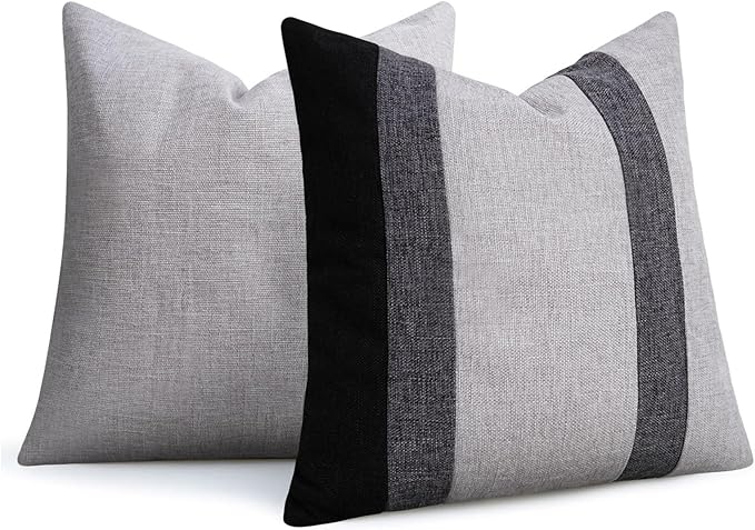 Adabana Modern Pillow Covers 18x18 Set of 2 Farmhouse Decor Patchwork Linen Cushion Covers for Living Room Couch Bed Black and Grey