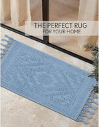 Savi Home Cotton Woven Jacquard Bathroom Rug Set of 2, Woven Fringe Bathroom Mats, 100% Cotton, Non - Slip Bath Mat, Durable Thick Bath Mat 17”x30”& 20"x38" with Fringes, Sky Blue