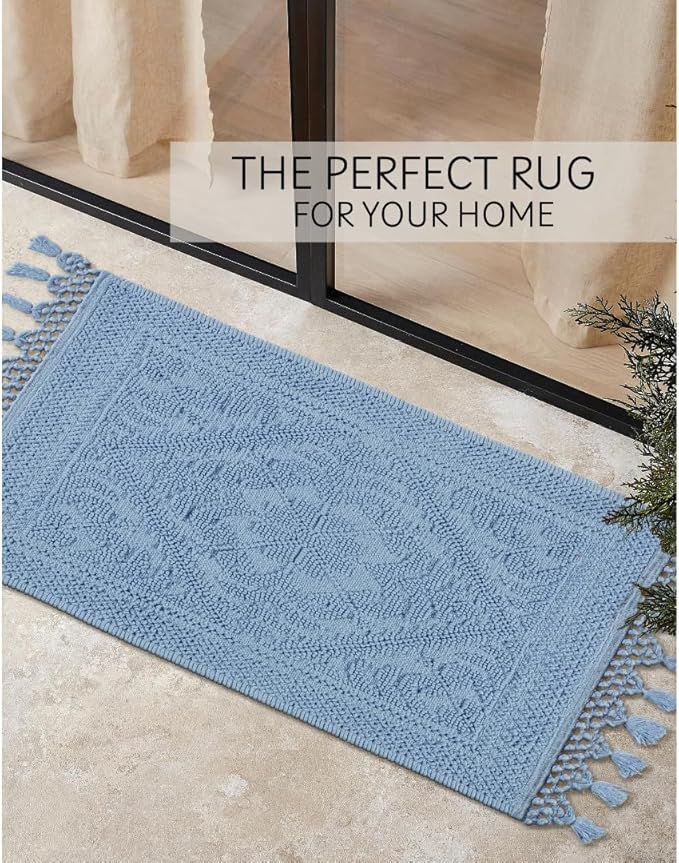 Savi Home Cotton Woven Jacquard Bathroom Rug, Woven Fringe Bathroom Mats, 100% Cotton, Non - Slip Bath Mat, Durable Thick Bath Mat 17”x30” with Fringes, Sky Blue